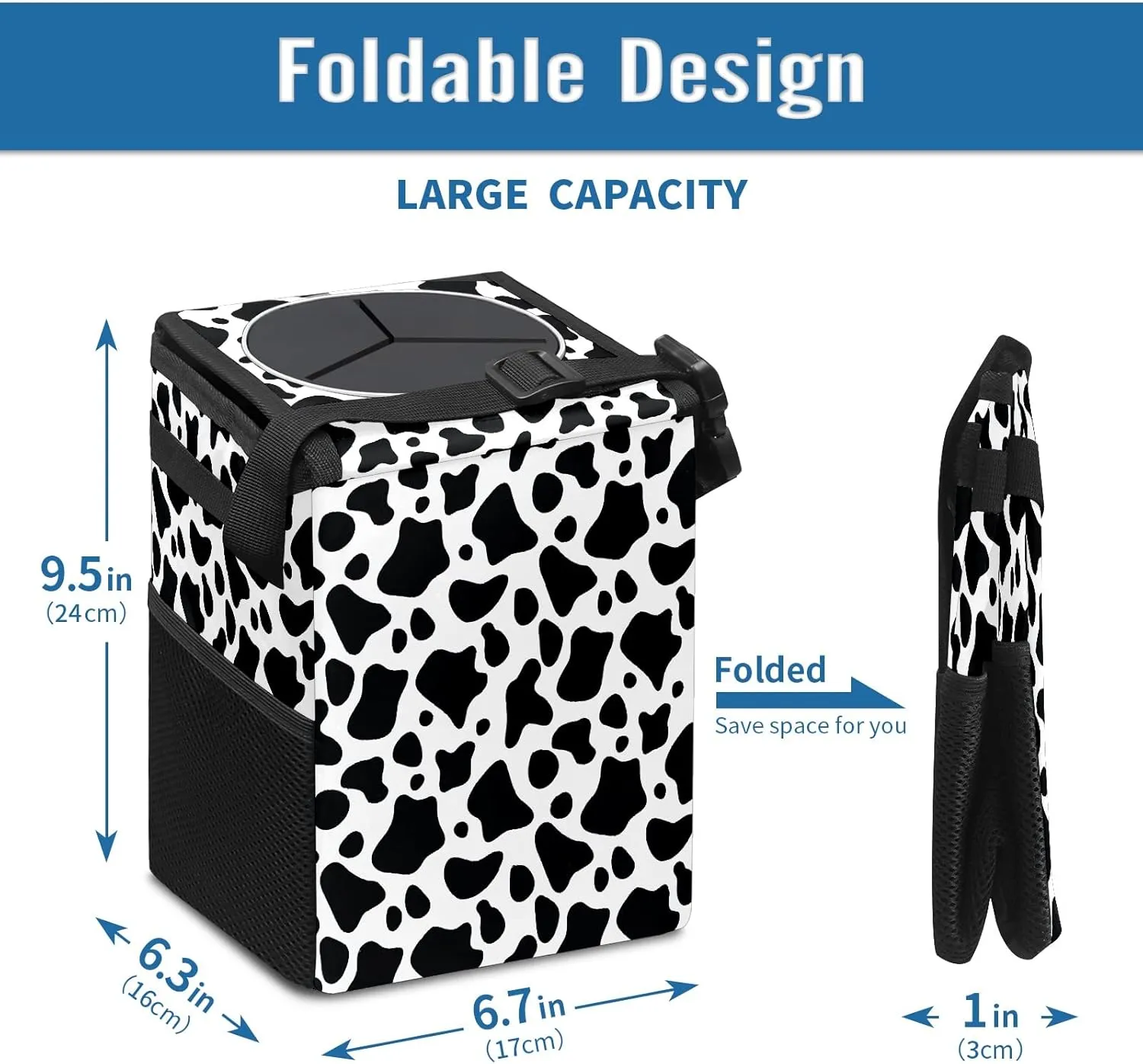 Black and White Cow Print Small Auto Garbage Bag with Lid Hanging for Front Seat Accessories - Collapsible Waterproof Car Storage Container Box Fits SUV Truck Sedan