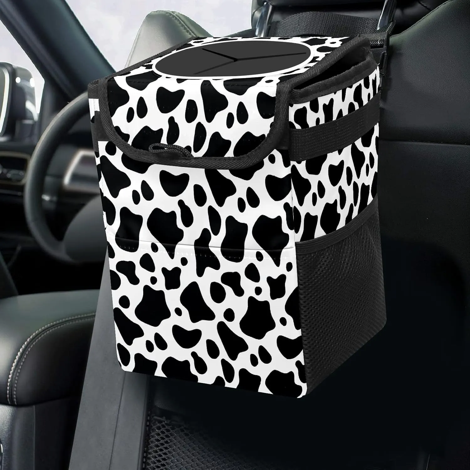 Black and White Cow Print Small Auto Garbage Bag with Lid Hanging for Front Seat Accessories - Collapsible Waterproof Car Storage Container Box Fits SUV Truck Sedan