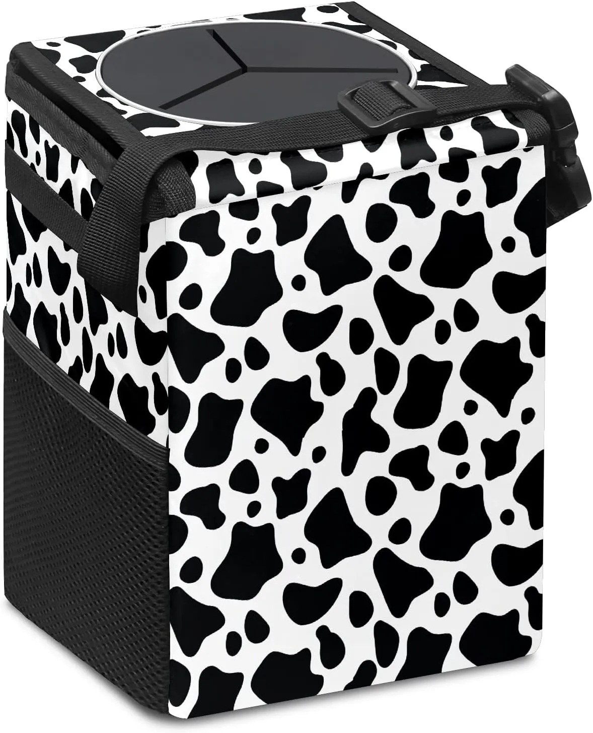 Black and White Cow Print Small Auto Garbage Bag with Lid Hanging for Front Seat Accessories - Collapsible Waterproof Car Storage Container Box Fits SUV Truck Sedan