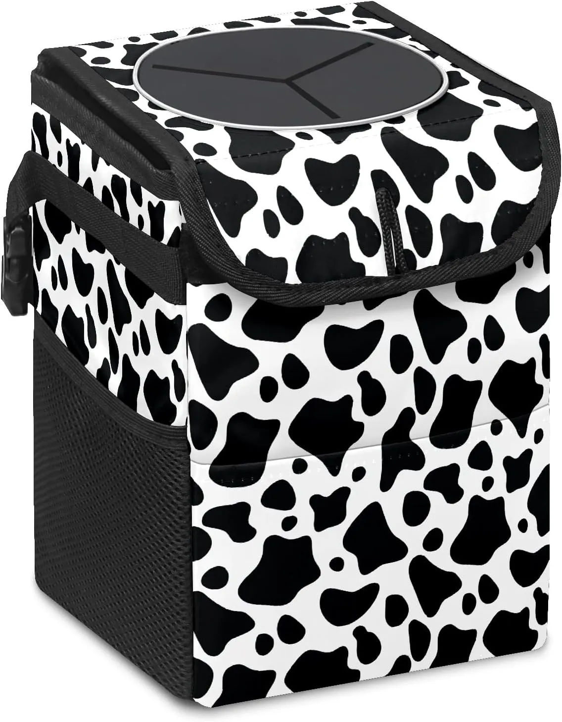 Black and White Cow Print Small Auto Garbage Bag with Lid Hanging for Front Seat Accessories - Collapsible Waterproof Car Storage Container Box Fits SUV Truck Sedan