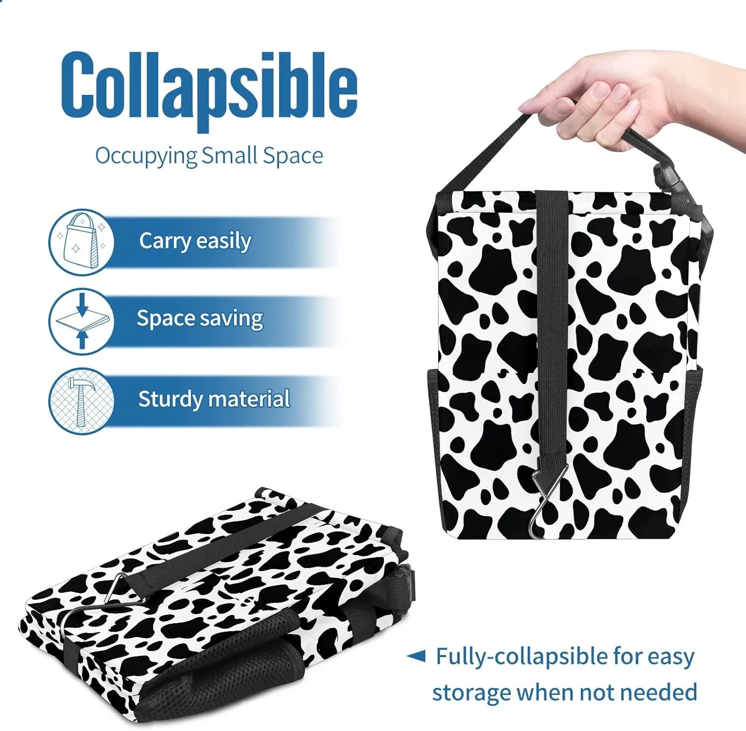 Black and White Cow Print Small Auto Garbage Bag with Lid Hanging for Front Seat Accessories - Collapsible Waterproof Car Storage Container Box Fits SUV Truck Sedan