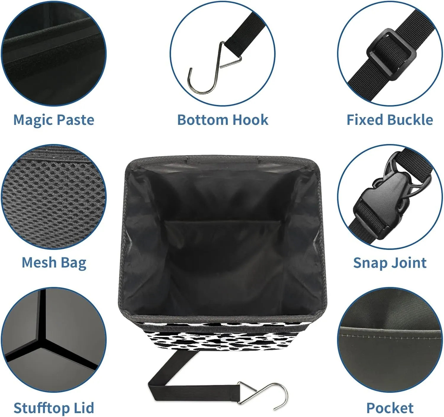 Black and White Cow Print Small Auto Garbage Bag with Lid Hanging for Front Seat Accessories - Collapsible Waterproof Car Storage Container Box Fits SUV Truck Sedan