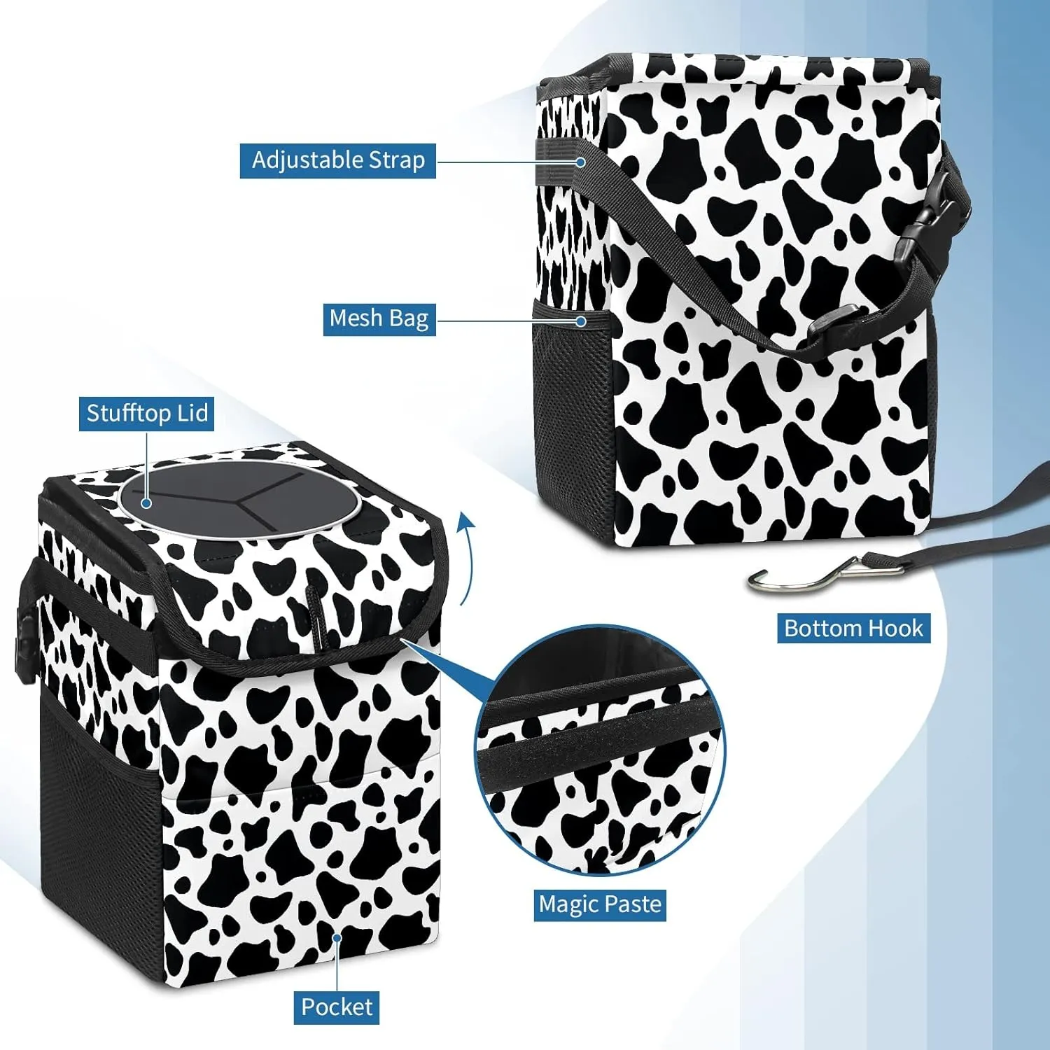 Black and White Cow Print Small Auto Garbage Bag with Lid Hanging for Front Seat Accessories - Collapsible Waterproof Car Storage Container Box Fits SUV Truck Sedan