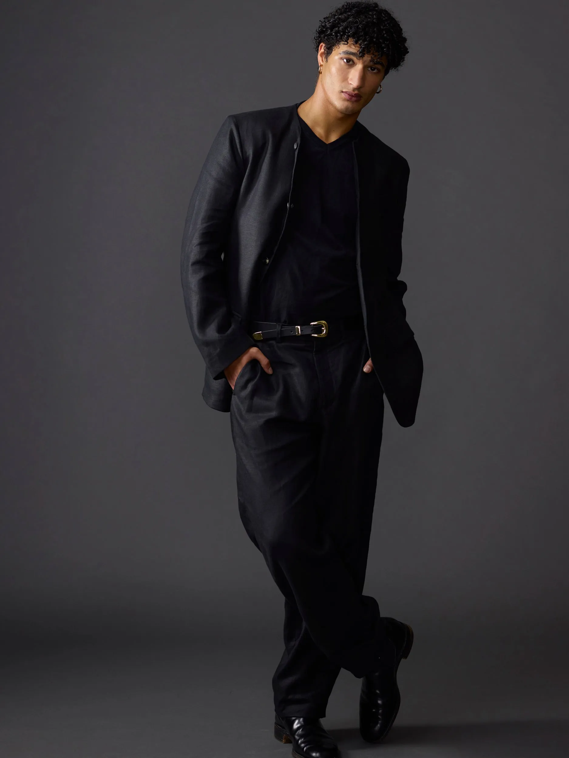 Black Avalon Linen Collarless Jacket