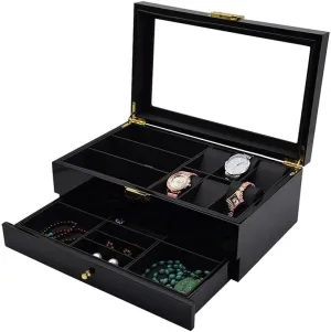 Black Paint Wooden, 2 Tier Jewelery Drawer With Glass Top And Lock Latch, Mens Watch Showcase