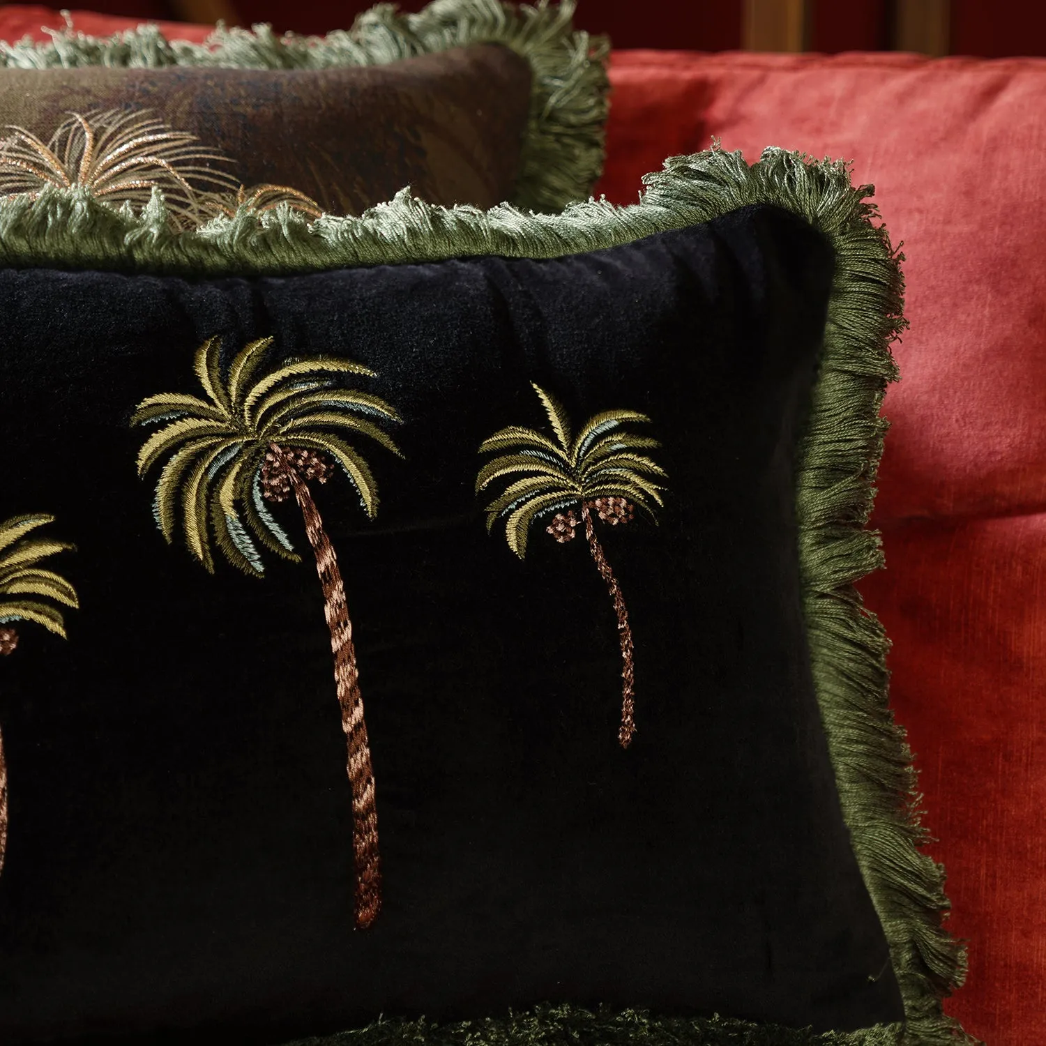 Black Palmas Velvet Rectangle Cushion Cover