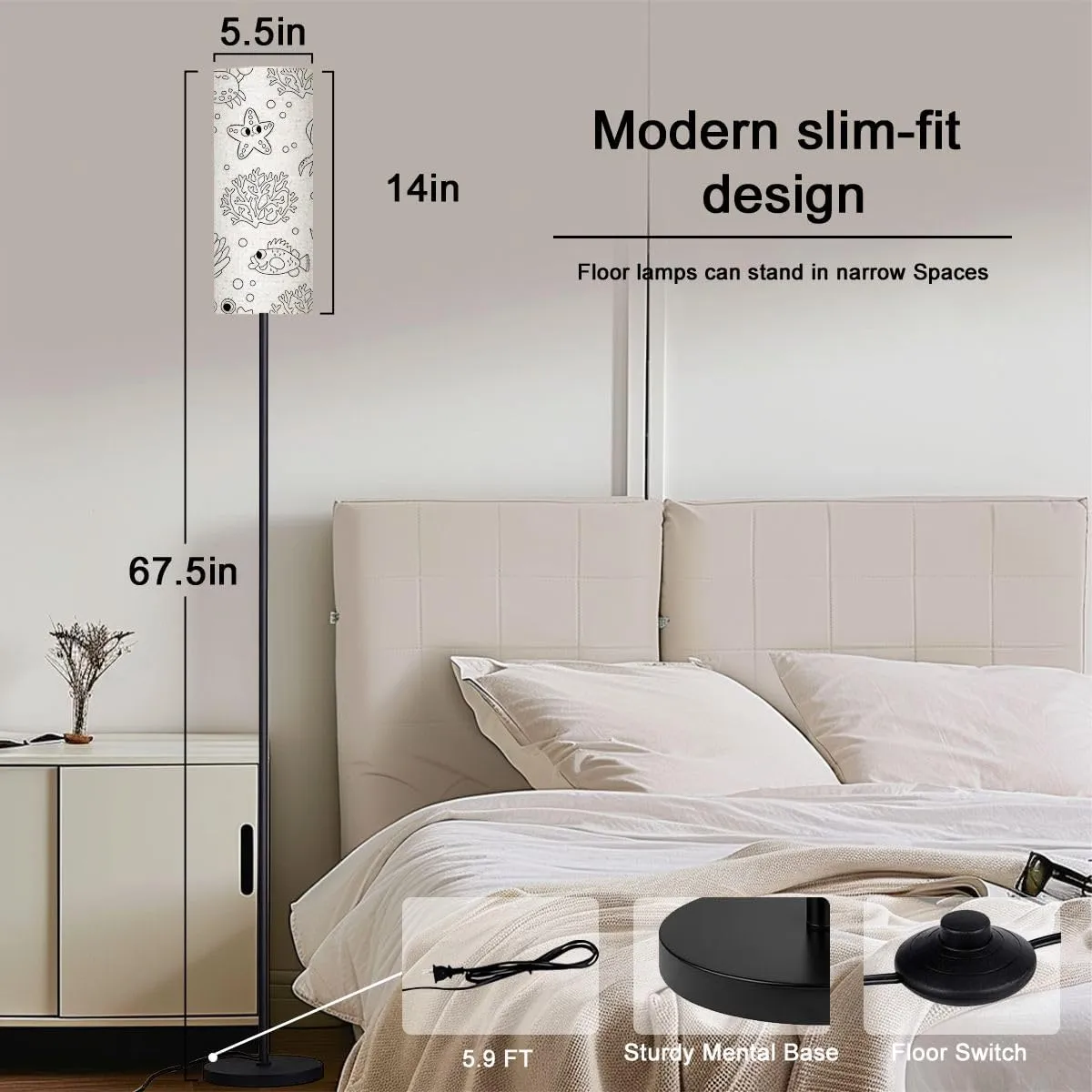 Black White Seamless Pattern Repeat line Crab Starfish Modern Floor Lamp Minimalist Standing Lamps for Living Room LED Corner Lamp Remote Control Metal Pole Lamp for Bedroom, Reading