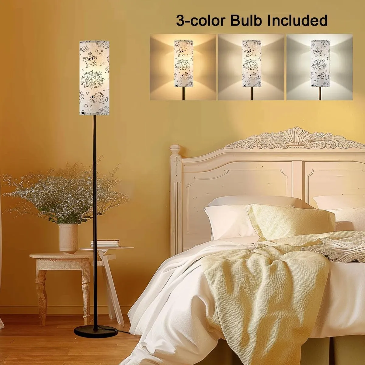 Black White Seamless Pattern Repeat line Crab Starfish Modern Floor Lamp Minimalist Standing Lamps for Living Room LED Corner Lamp Remote Control Metal Pole Lamp for Bedroom, Reading
