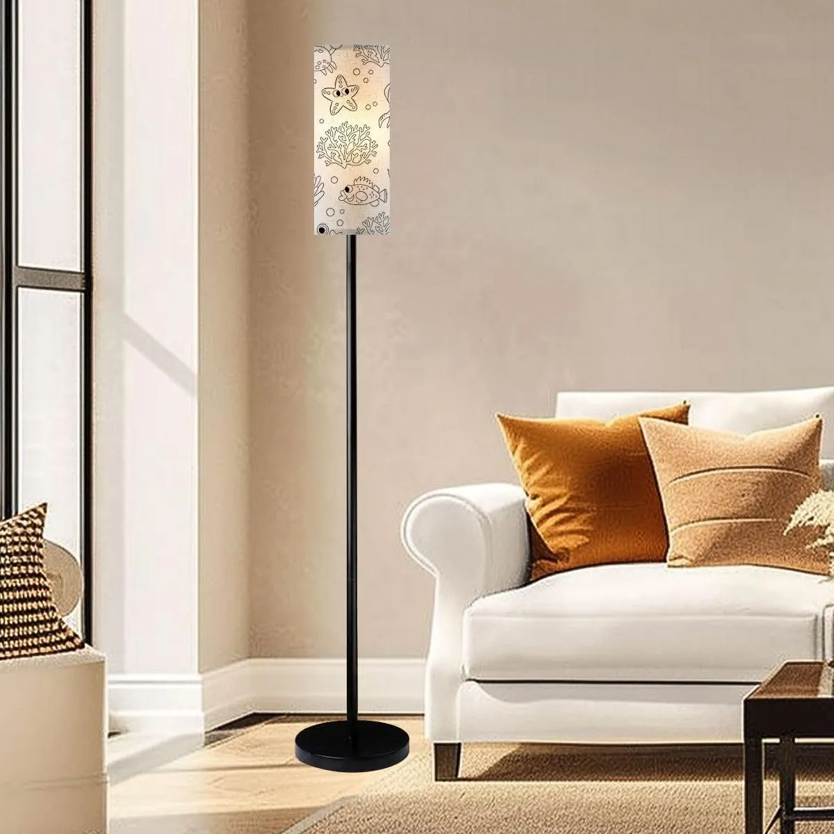 Black White Seamless Pattern Repeat line Crab Starfish Modern Floor Lamp Minimalist Standing Lamps for Living Room LED Corner Lamp Remote Control Metal Pole Lamp for Bedroom, Reading