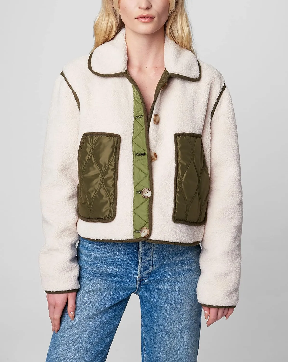 [BLANKNYC] womens Cropped Sherpa & Nylon Jacket
