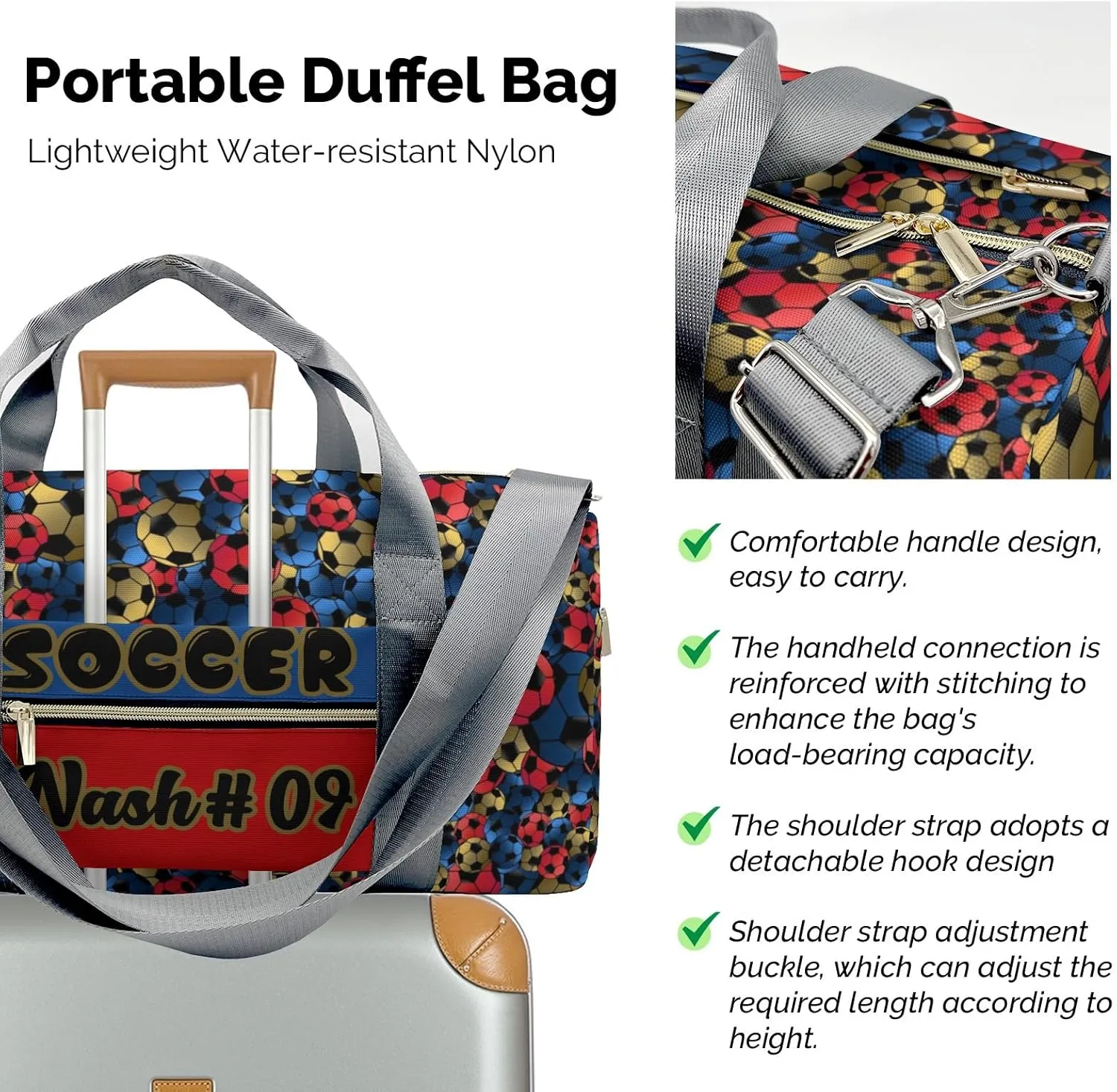 Blue Red Gold Soccer Customized Duffel Bags Weekender Overnight Bag Travel Bag Personalized Gift Gym Bags School Bag