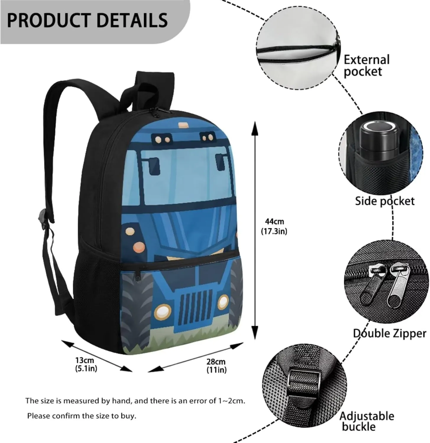 Blue School Bus 3 in 1 School Backpack Set with Side Bottle Mesh Pockets Portable Large Capacity Pencil Case Insulated Lunchbox Fashion School Bag Book Organizer for Girls Boys 6-12