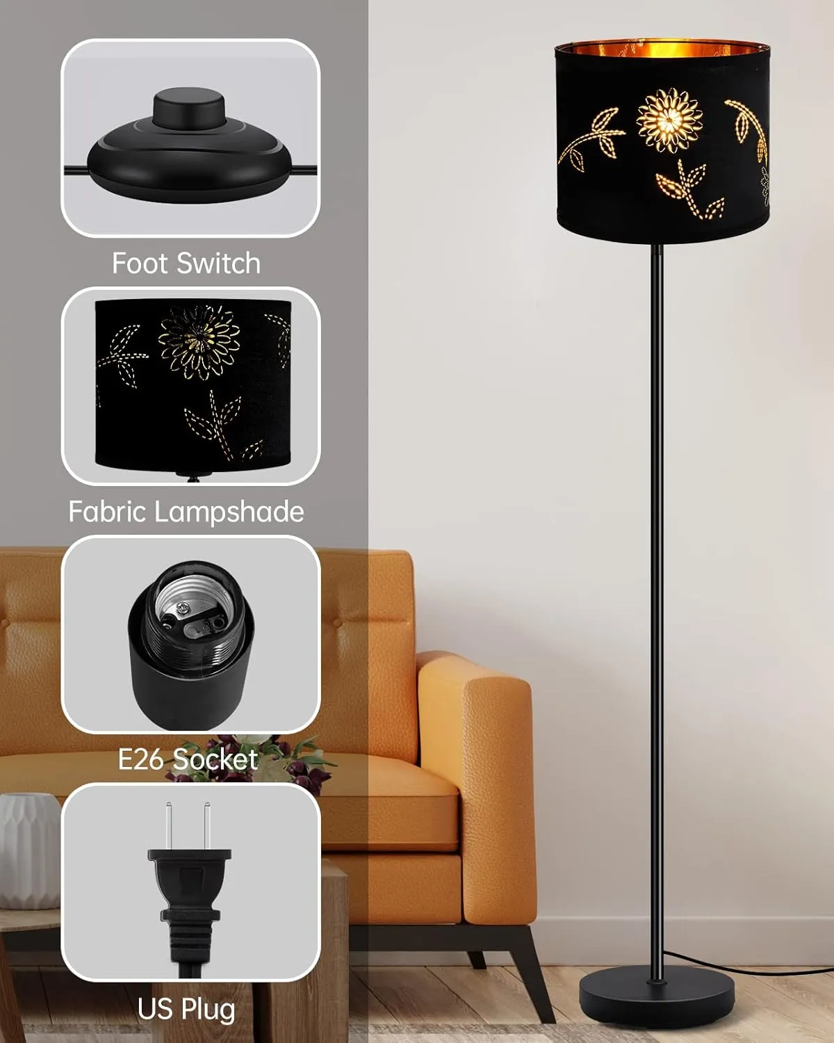 BoostArea Floor Lamp, Standing Lamp, 6W LED Floor Lamps with Black Lampshade, 2700K, Foot Switch, E26 Socket, 58" Tall Metal Pole Lamp, Simple Floor Lamps for Living Room/Bedroom/Farmhouse, Flower