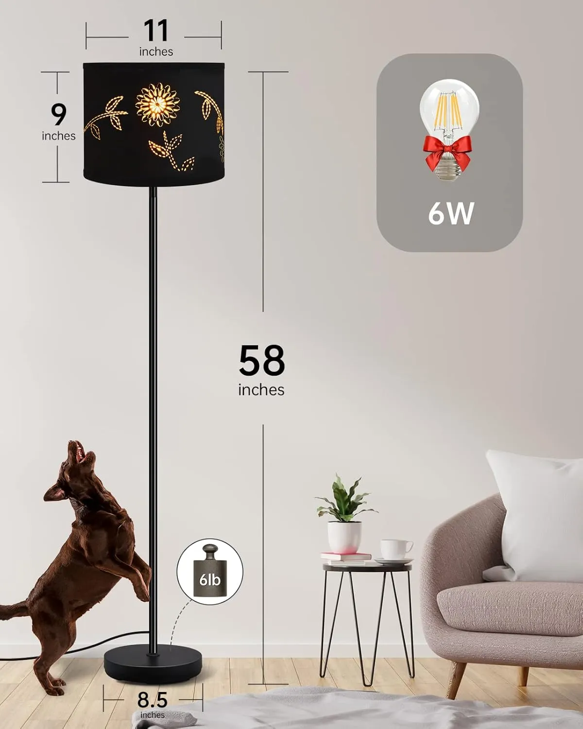 BoostArea Floor Lamp, Standing Lamp, 6W LED Floor Lamps with Black Lampshade, 2700K, Foot Switch, E26 Socket, 58" Tall Metal Pole Lamp, Simple Floor Lamps for Living Room/Bedroom/Farmhouse, Flower
