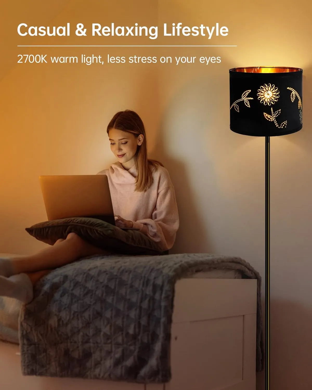 BoostArea Floor Lamp, Standing Lamp, 6W LED Floor Lamps with Black Lampshade, 2700K, Foot Switch, E26 Socket, 58" Tall Metal Pole Lamp, Simple Floor Lamps for Living Room/Bedroom/Farmhouse, Flower