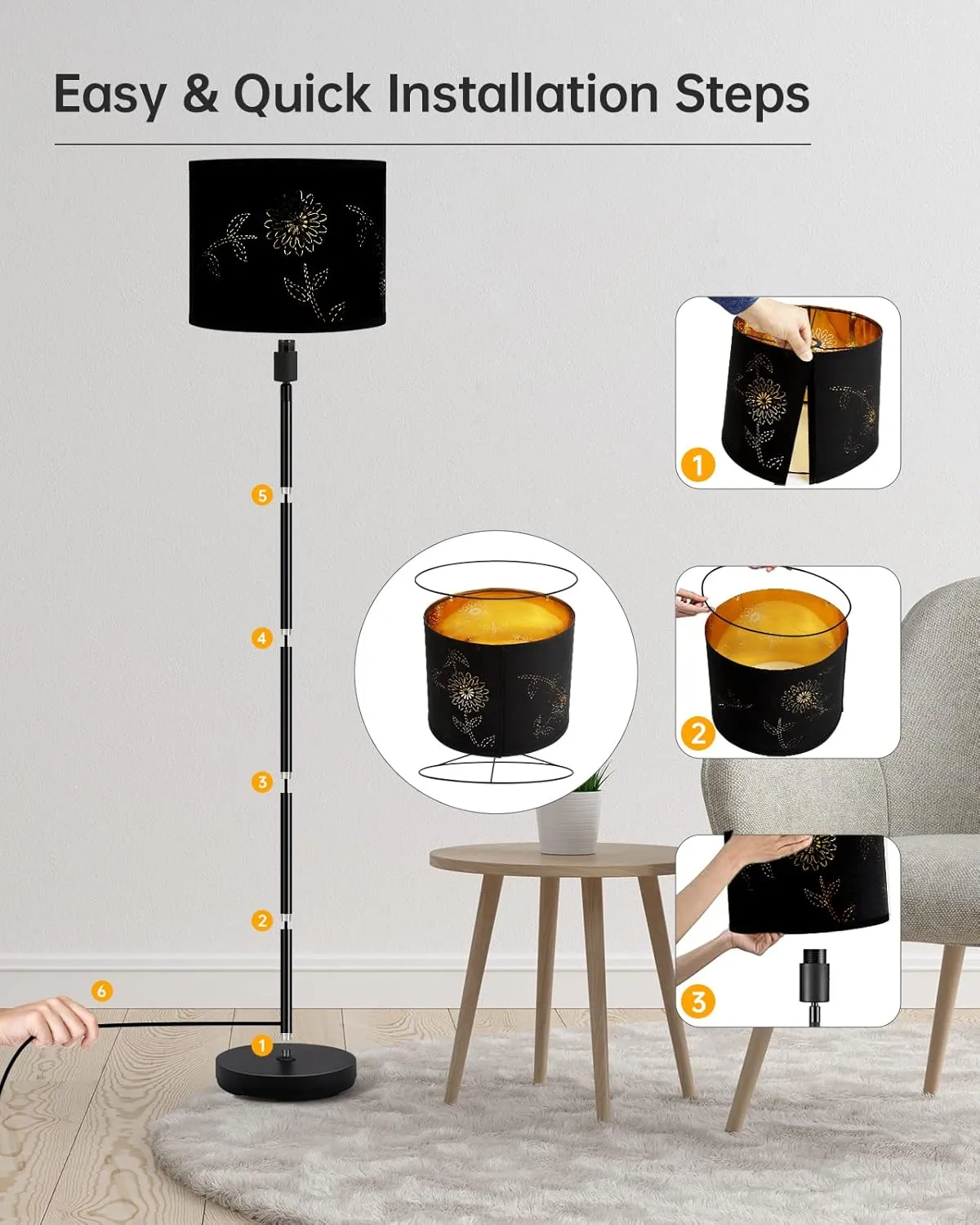 BoostArea Floor Lamp, Standing Lamp, 6W LED Floor Lamps with Black Lampshade, 2700K, Foot Switch, E26 Socket, 58" Tall Metal Pole Lamp, Simple Floor Lamps for Living Room/Bedroom/Farmhouse, Flower
