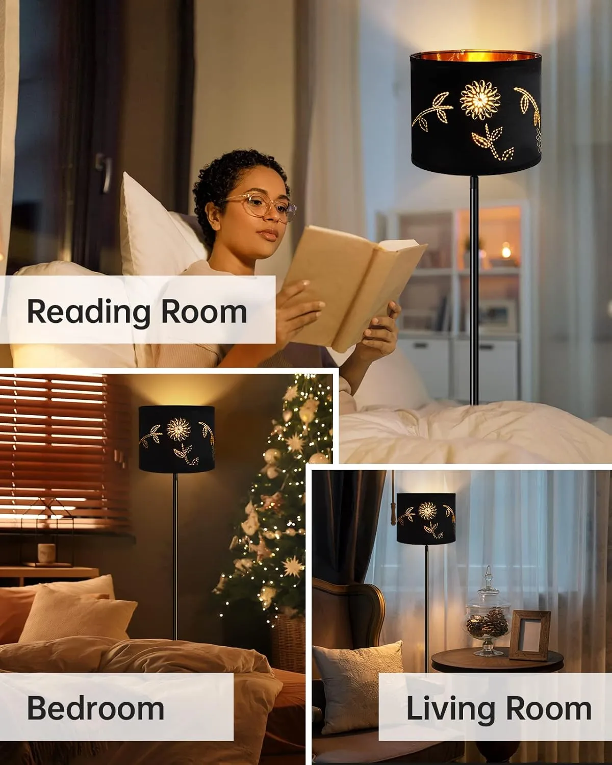 BoostArea Floor Lamp, Standing Lamp, 6W LED Floor Lamps with Black Lampshade, 2700K, Foot Switch, E26 Socket, 58" Tall Metal Pole Lamp, Simple Floor Lamps for Living Room/Bedroom/Farmhouse, Flower