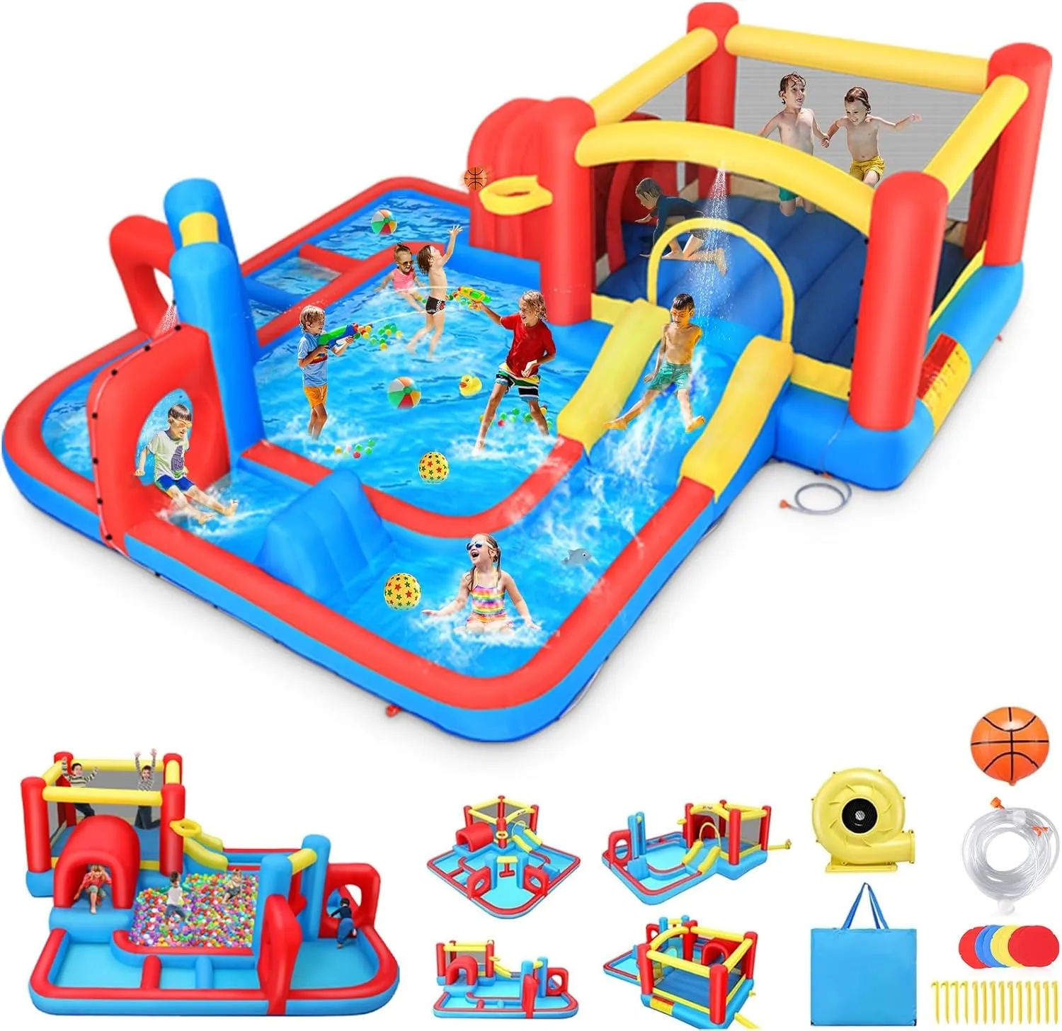 Bounce House Waterslide for Kids 3-12 w/Blower, 14.3 x 14.3FT Inflatable Obstacle Course w/Jump Area, Divided Ball Pit, Slide, Obstacle, Punching Bag, Basketball Hoop & Tunnels for Indoor/Outdoor
