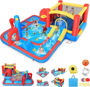 Bounce House Waterslide for Kids 3-12 w/Blower, 14.3 x 14.3FT Inflatable Obstacle Course w/Jump Area, Divided Ball Pit, Slide, Obstacle, Punching Bag, Basketball Hoop & Tunnels for Indoor/Outdoor
