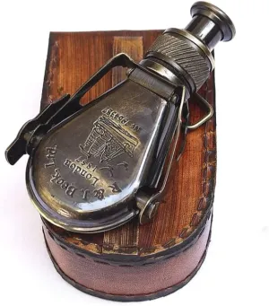 Brass Leather Case Nautical Columbus Small Single Brass Marine Vintage Binocular Beck London 1857 Replica Model, 5 inches, Antique Brass Finish