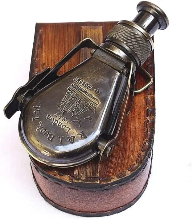 Brass Leather Case Nautical Columbus Small Single Brass Marine Vintage Binocular Beck London 1857 Replica Model, 5 inches, Antique Brass Finish