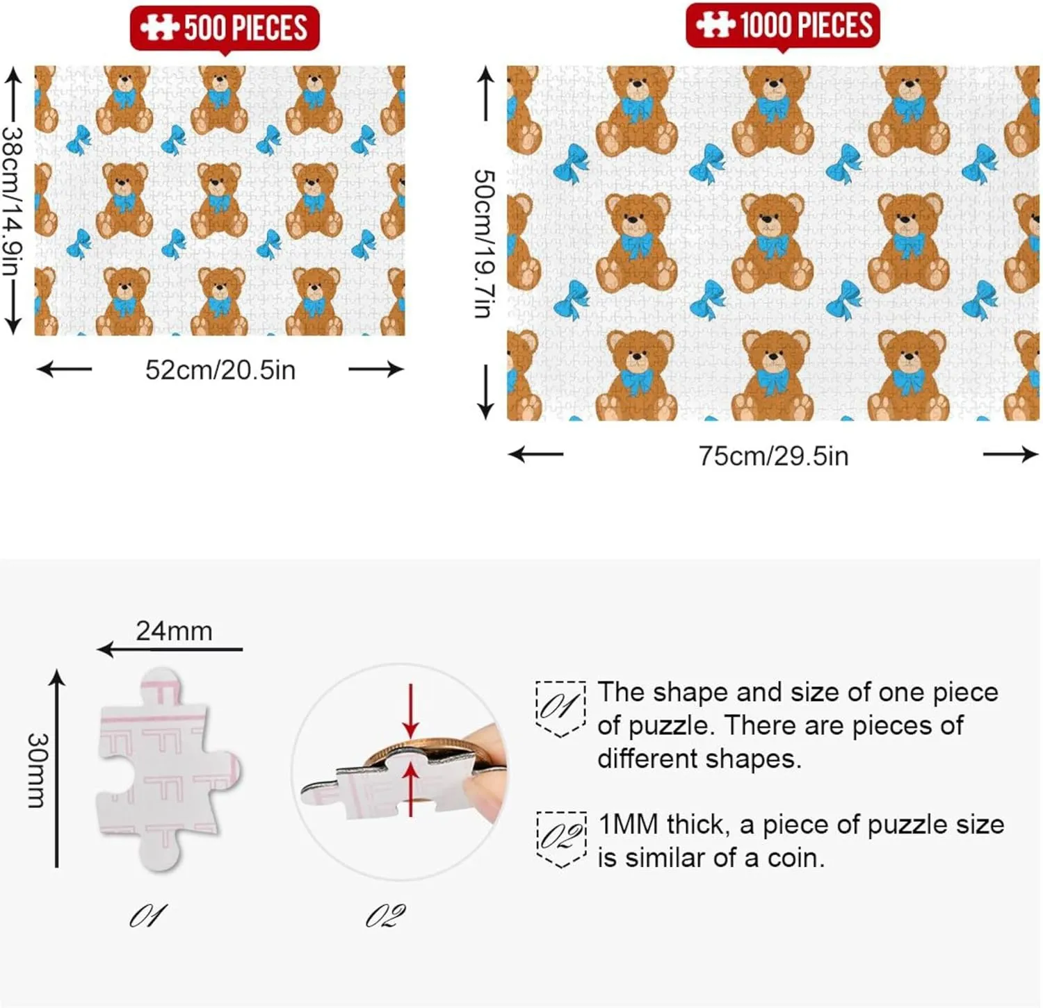 Brown Teddy Bear Bow Ties White Jigsaw Puzzles 1000 Pieces for Adults Animal Painting Decor Custom Fun Adult Toy White Elephant Gifts Funny, 29.5x19.7 Inch