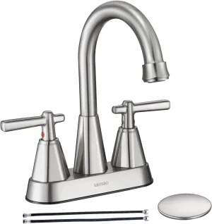 Brushed Nickel Bathroom Sink Faucet, SBOSBO 4 Inch Bathroom Faucet for Sink 3 Hole, 2 Handle Sink Faucet with Pop Up Drain Assembly and 2 Water Supply Hoses for RV Bathroom Vanity