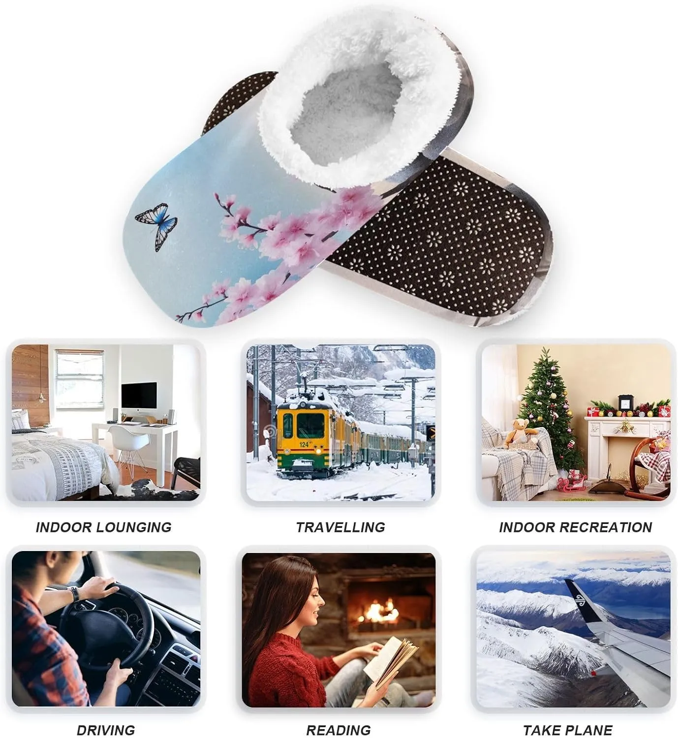 Butterfly Cherry Blossom Seaside House Slippers for Women Bedroom Non-Slip Soft Winter Slippers