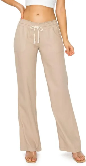 Cali1850 Women's Casual Linen Pants - 29", 32" Oceanside Drawstring Smocked Waist Beach Lounge Trousers with Pockets