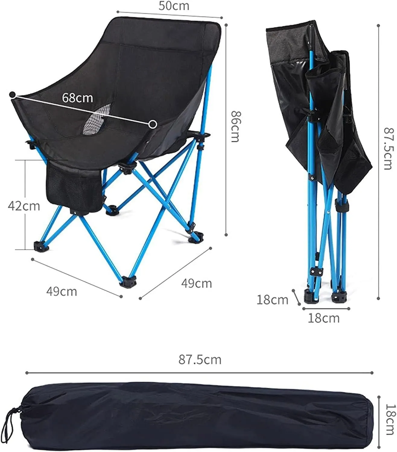 Camping Chair Outdoor Folding Chair with Storage Mesh Bag Portable Fishing Seat Simple Mazha Stool Indoor Chair Camping Chair Folding Chair (Black One Size)