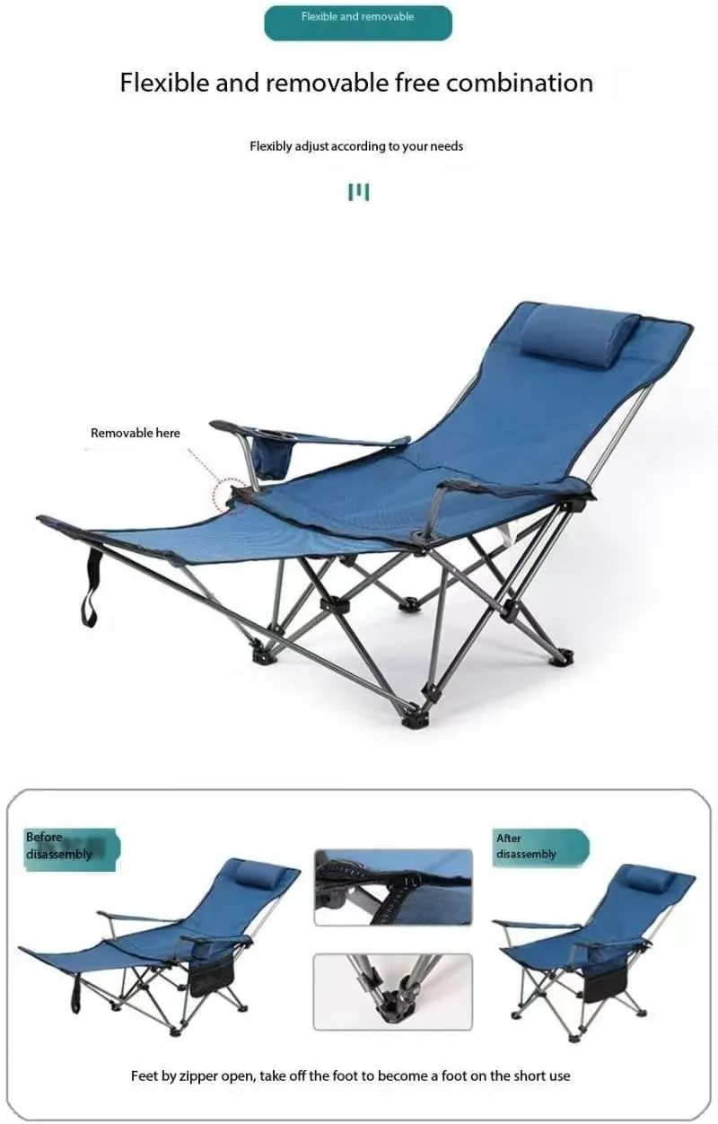 Camping Folding Chair Beach Chair with Footrest Siesta Bed Chair Adjustable Backrest, Portable Reclining Foldable Chair with Pillow Cup Holder for Outdoor (Blue Cloth)