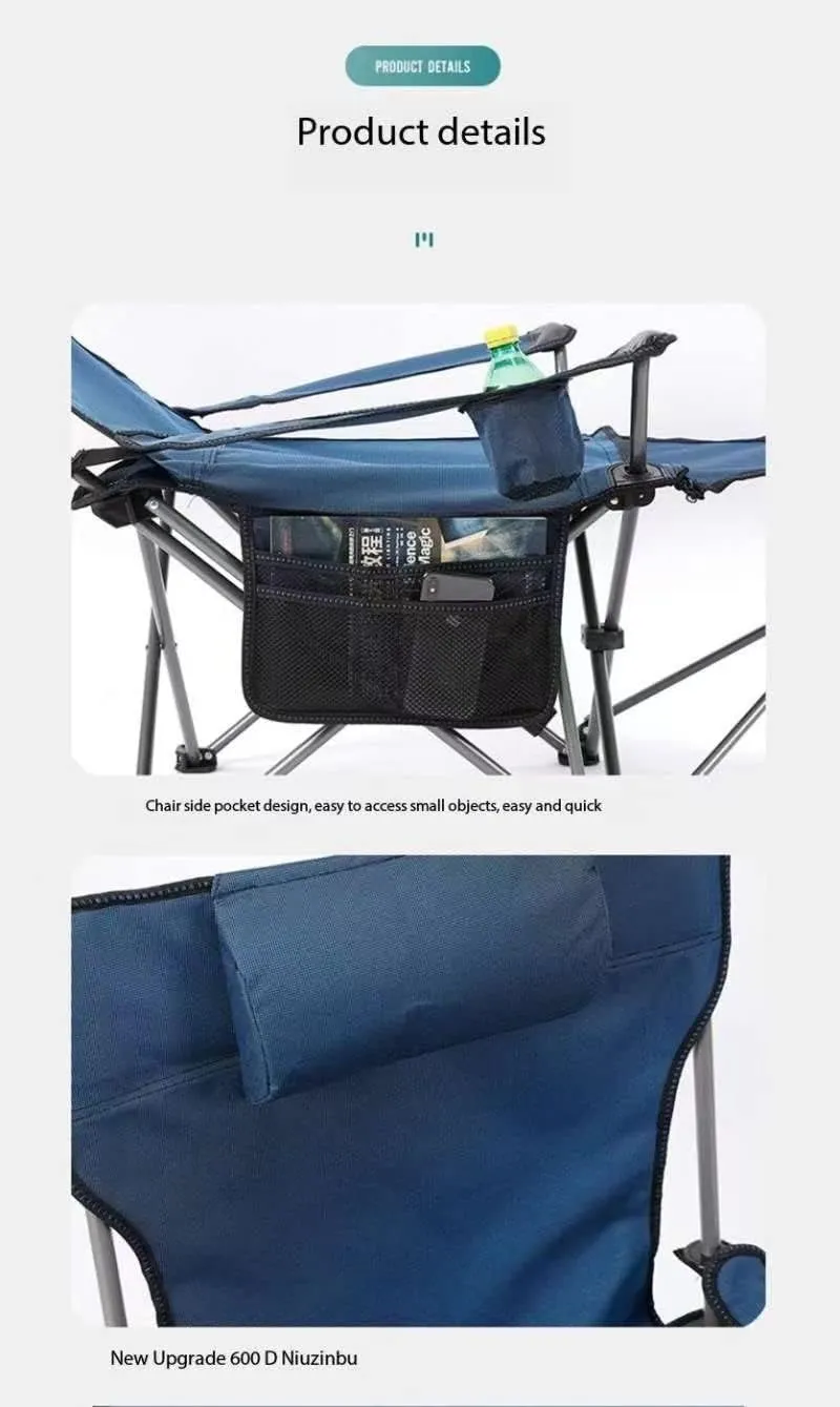 Camping Folding Chair Beach Chair with Footrest Siesta Bed Chair Adjustable Backrest, Portable Reclining Foldable Chair with Pillow Cup Holder for Outdoor (Blue Cloth)