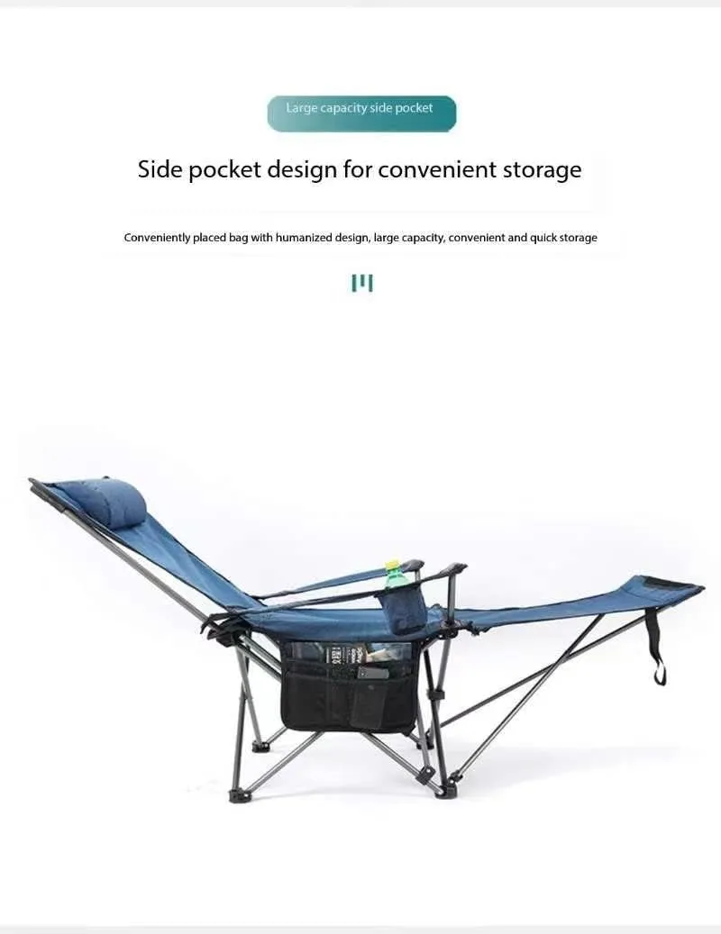 Camping Folding Chair Beach Chair with Footrest Siesta Bed Chair Adjustable Backrest, Portable Reclining Foldable Chair with Pillow Cup Holder for Outdoor (Blue Cloth)
