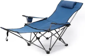 Camping Folding Chair Beach Chair with Footrest Siesta Bed Chair Adjustable Backrest, Portable Reclining Foldable Chair with Pillow Cup Holder for Outdoor (Blue Cloth)