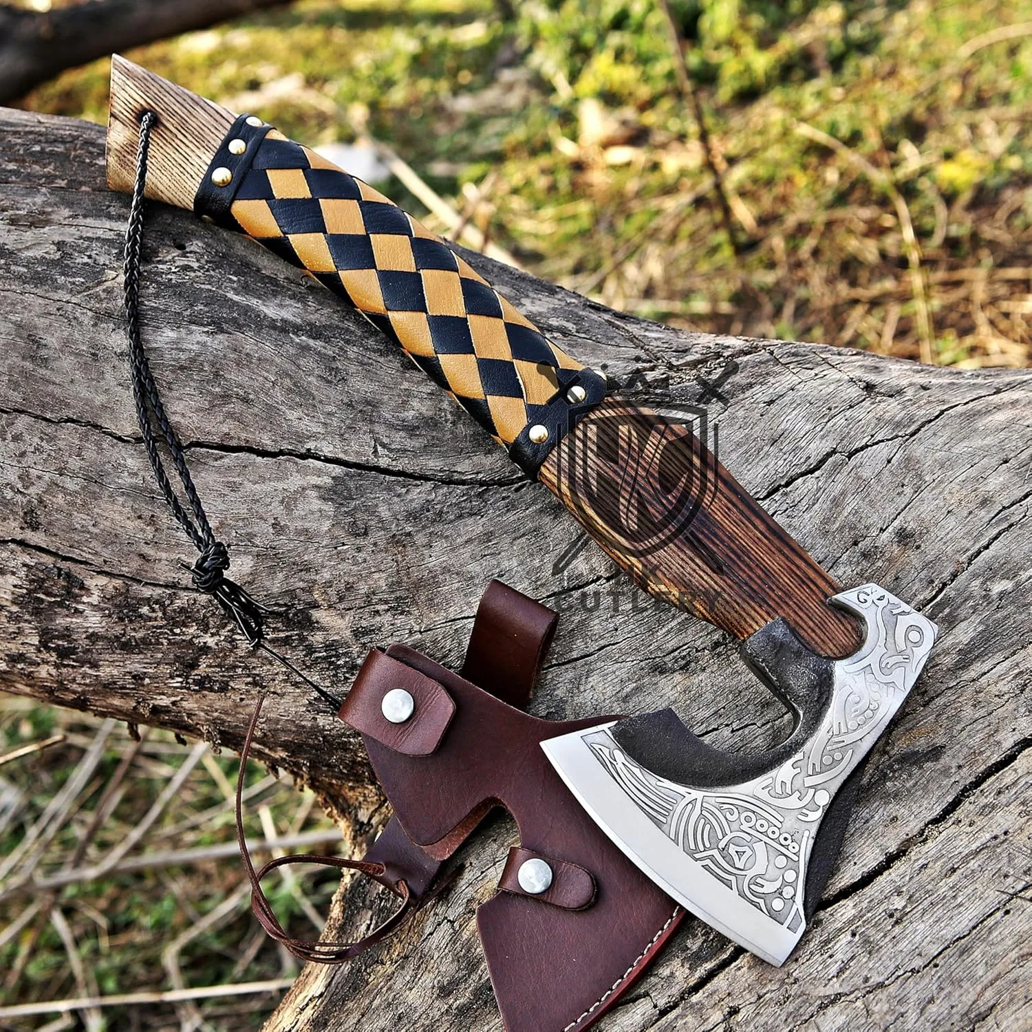 Camping Hatchet Axe with Leather Sheath, 15.7 inches (Unique Handle Axe (Leather Sheath))