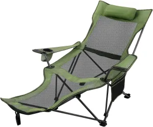 Camping Portable Folding Reclining Chair, with Footrest Mesh, Cup Holder & Storage Bag, for Outdoor Camping, Fishing