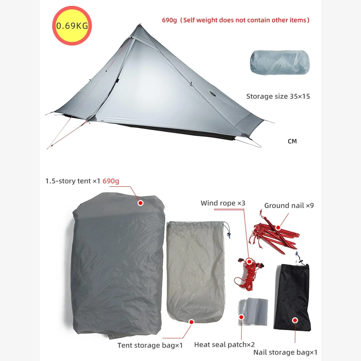 Camping Tents,1 Pro Tent Outdoor 1 Person Ultralight Camping Tent 3 Season Professional 20d Rodless (Color : Gray, Size : 3 Season)