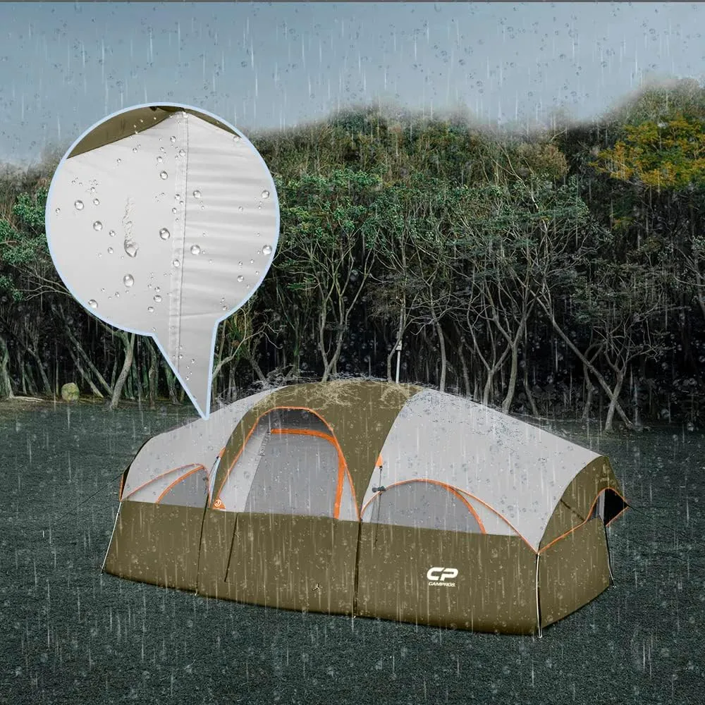 CAMPROS CP Tent 8 Person Camping Tents, Weather Resistant Family Tent, 5 Large Mesh Windows, Double Layer, Divided Curtain for Separated Room, Portable with Carry Bag