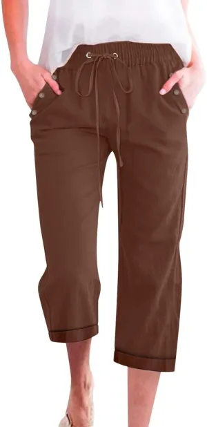 Capri Pants for Women Cotton Linen Casual Summer Capris Plus Size Drawstring Elastic Waist Lounge Pants with Pockets