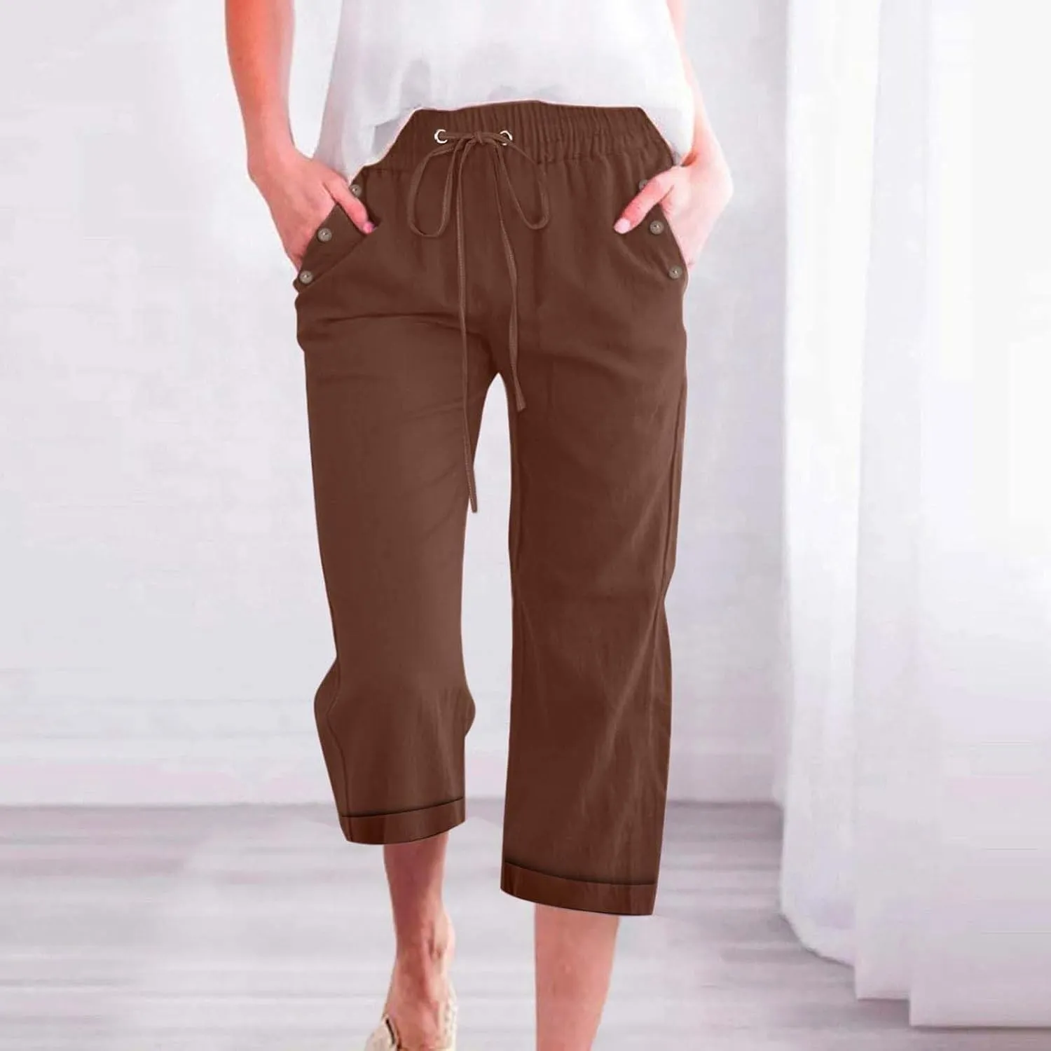 Capri Pants for Women Cotton Linen Casual Summer Capris Plus Size Drawstring Elastic Waist Lounge Pants with Pockets