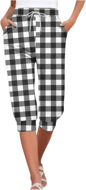 Capri Pants for Women Stretch High Waist Elastic Waist Cropped Trousers Lounge Drawstring Capri Pants with Pockets