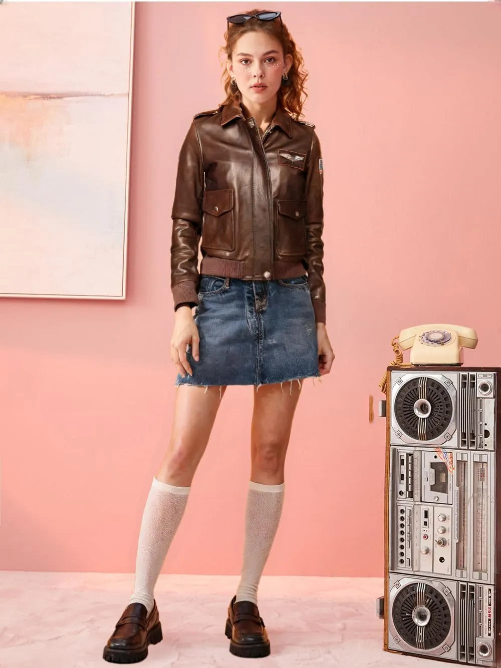 Captain Marvel Inspired A-2 Bomber Leather Jacket – Premium Brown Aviator Flight Jacket with Patches for Women