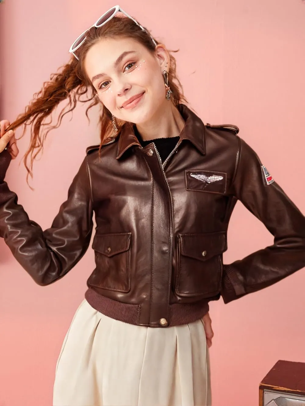 Captain Marvel Inspired A-2 Bomber Leather Jacket – Premium Brown Aviator Flight Jacket with Patches for Women