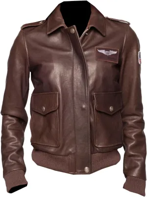 Captain Marvel Inspired A-2 Bomber Leather Jacket – Premium Brown Aviator Flight Jacket with Patches for Women