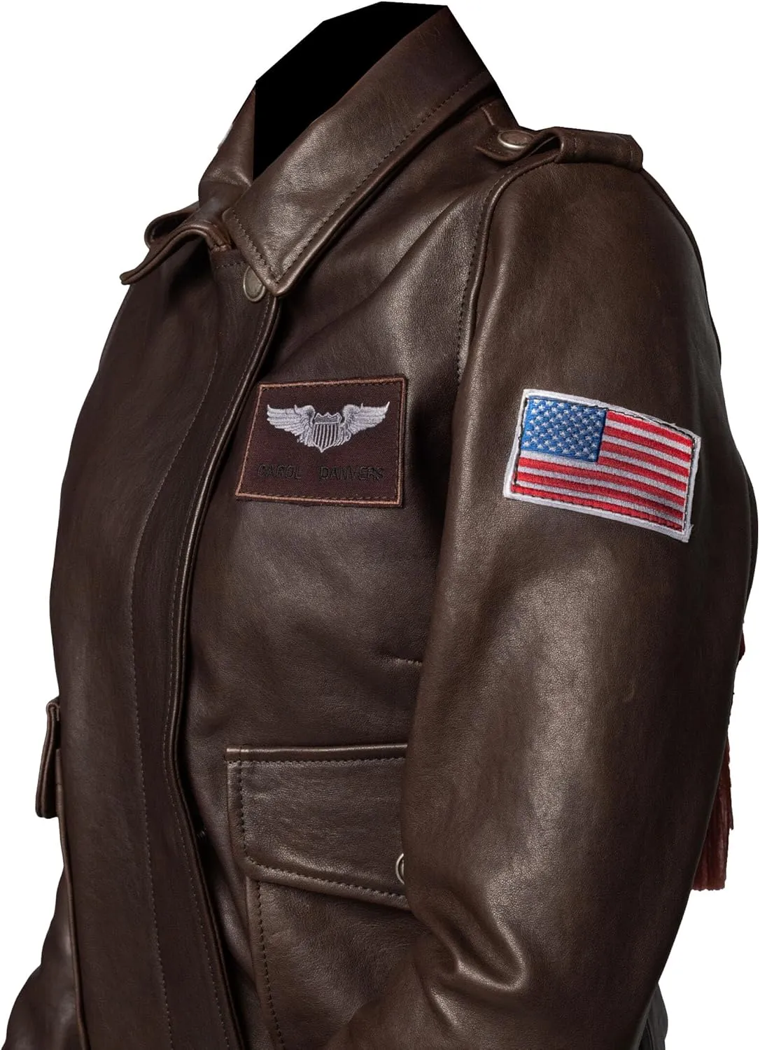 Captain Marvel Inspired A-2 Bomber Leather Jacket – Premium Brown Aviator Flight Jacket with Patches for Women