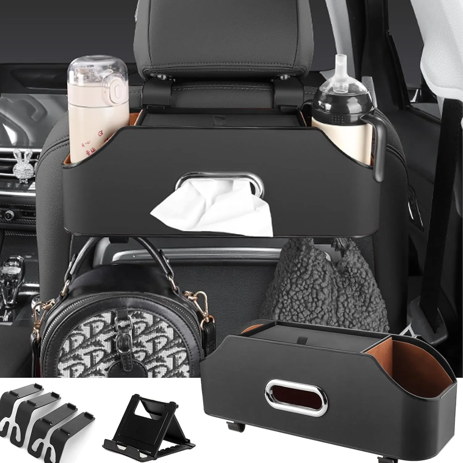 Car Headrest Seat Back Organizer with Cup Holder, Tissue Box, Mobile phone Holder, Multi-functional Storage, Suitable for children and adults, car travel (Black)