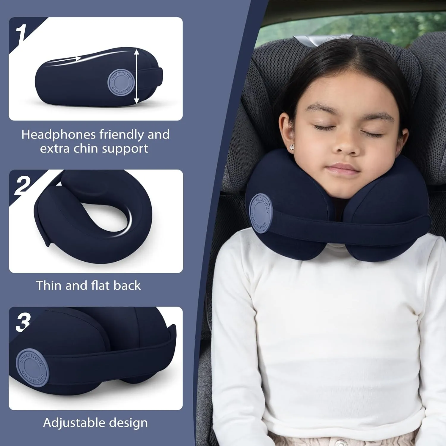 Car Pillow for Little Kids Travel Neck Pillows, Memory Foam Neck Support Travelling Pillow with Washable Cotton Pillowcases and Storage Bag, for Airplane, Train, Flight and Home Use Blue
