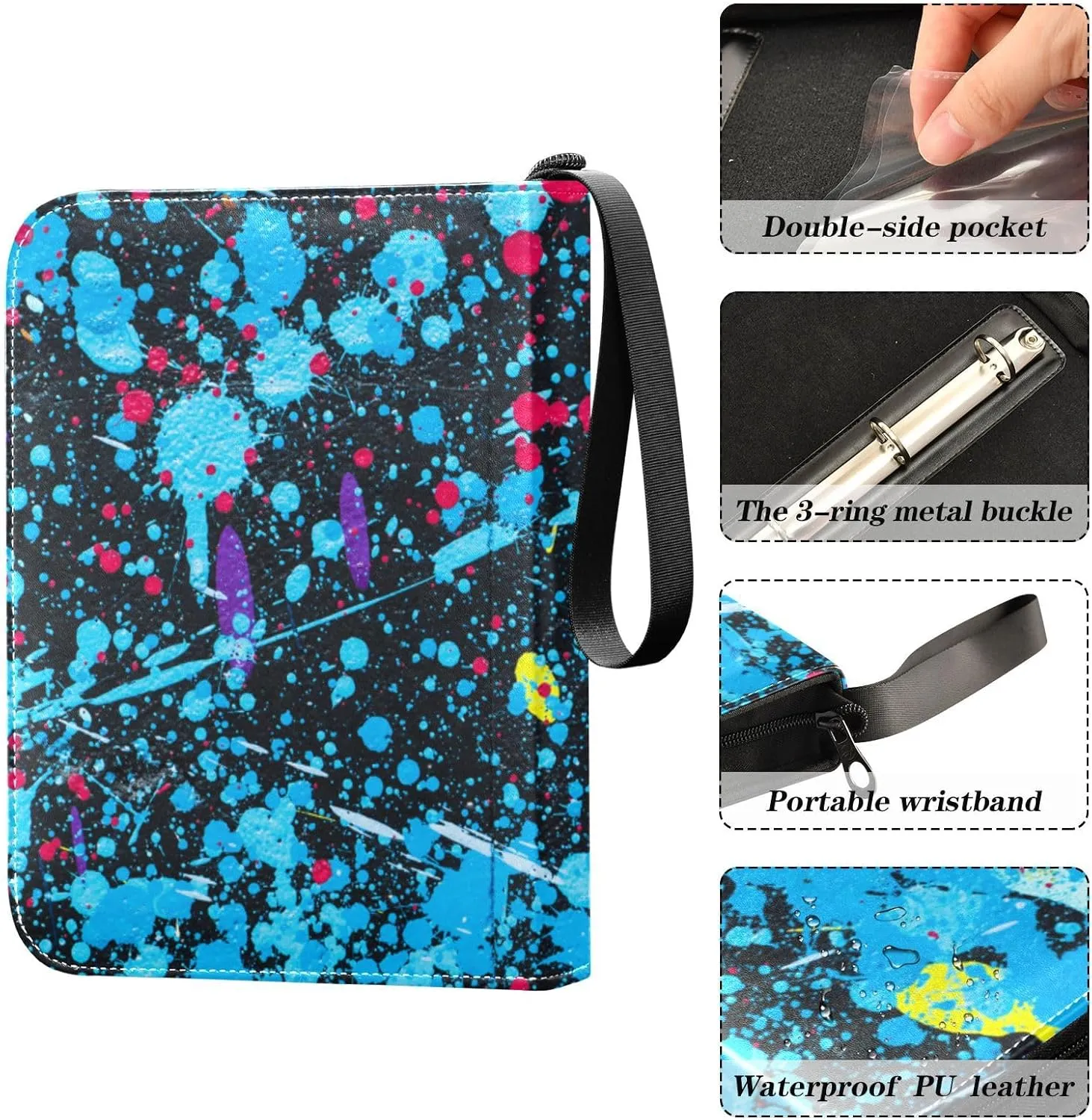 Card Binder 4 Pocket Trading Card Binder Holds 400 Cards with 50 Removable Sleeves for Boys Girls Game Cards Sports Cards Blue Paint