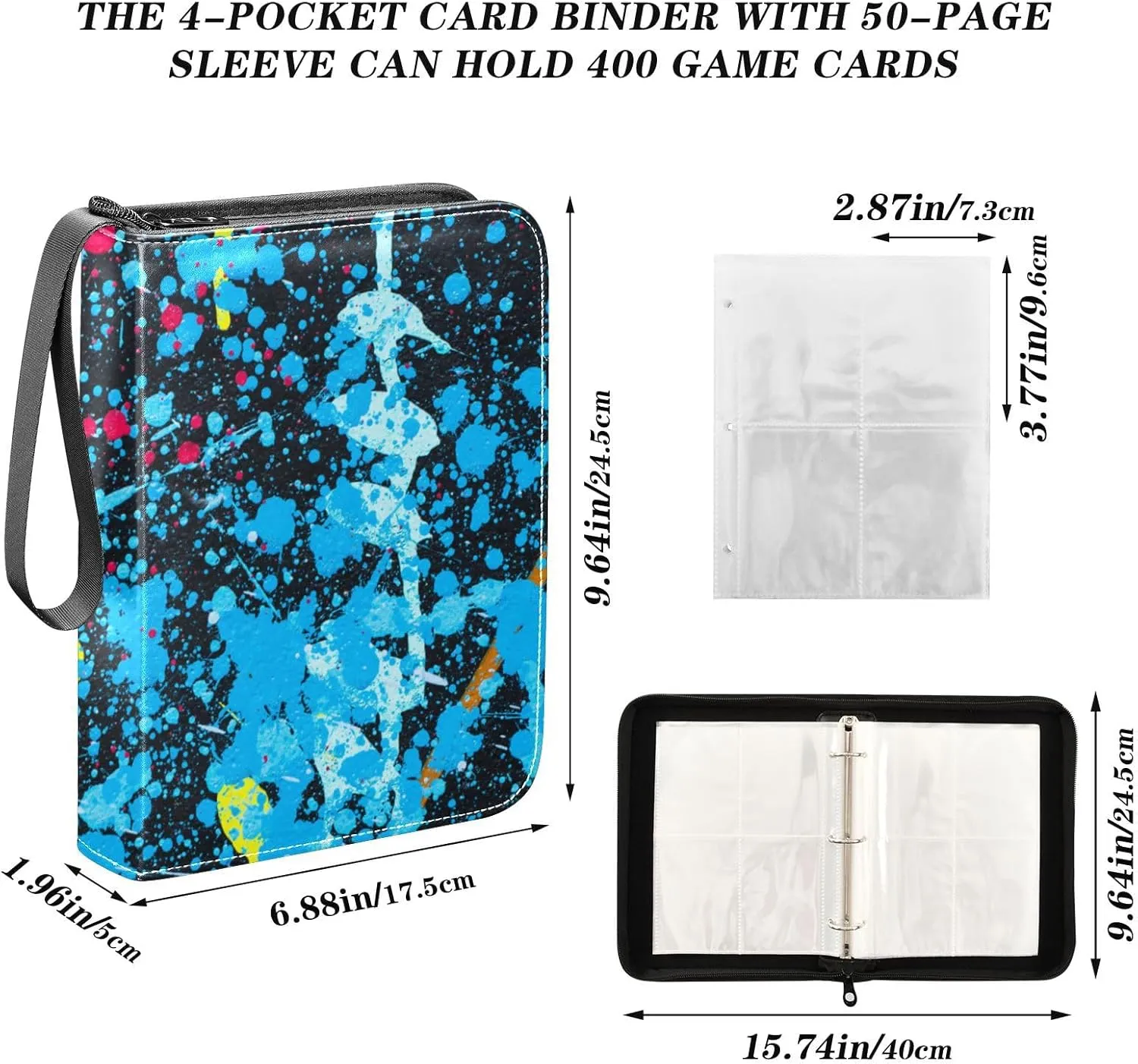 Card Binder 4 Pocket Trading Card Binder Holds 400 Cards with 50 Removable Sleeves for Boys Girls Game Cards Sports Cards Blue Paint