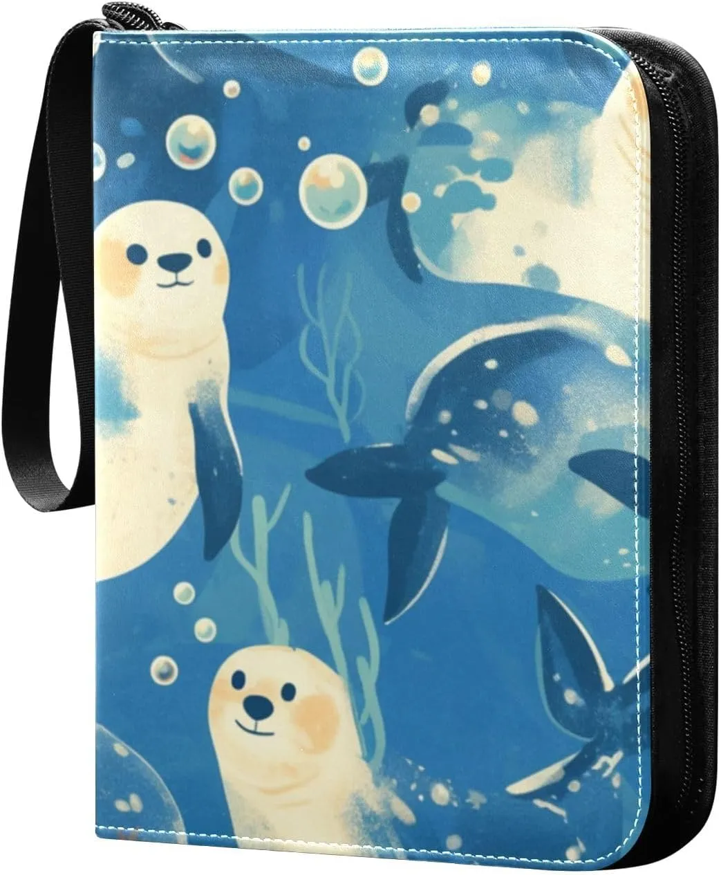 Card Binder 4 Pocket Trading Card Binder Holds 400 Cards with 50 Removable Sleeves for Boys Girls Game Cards Sports Cards Sea Lions Ink Painting